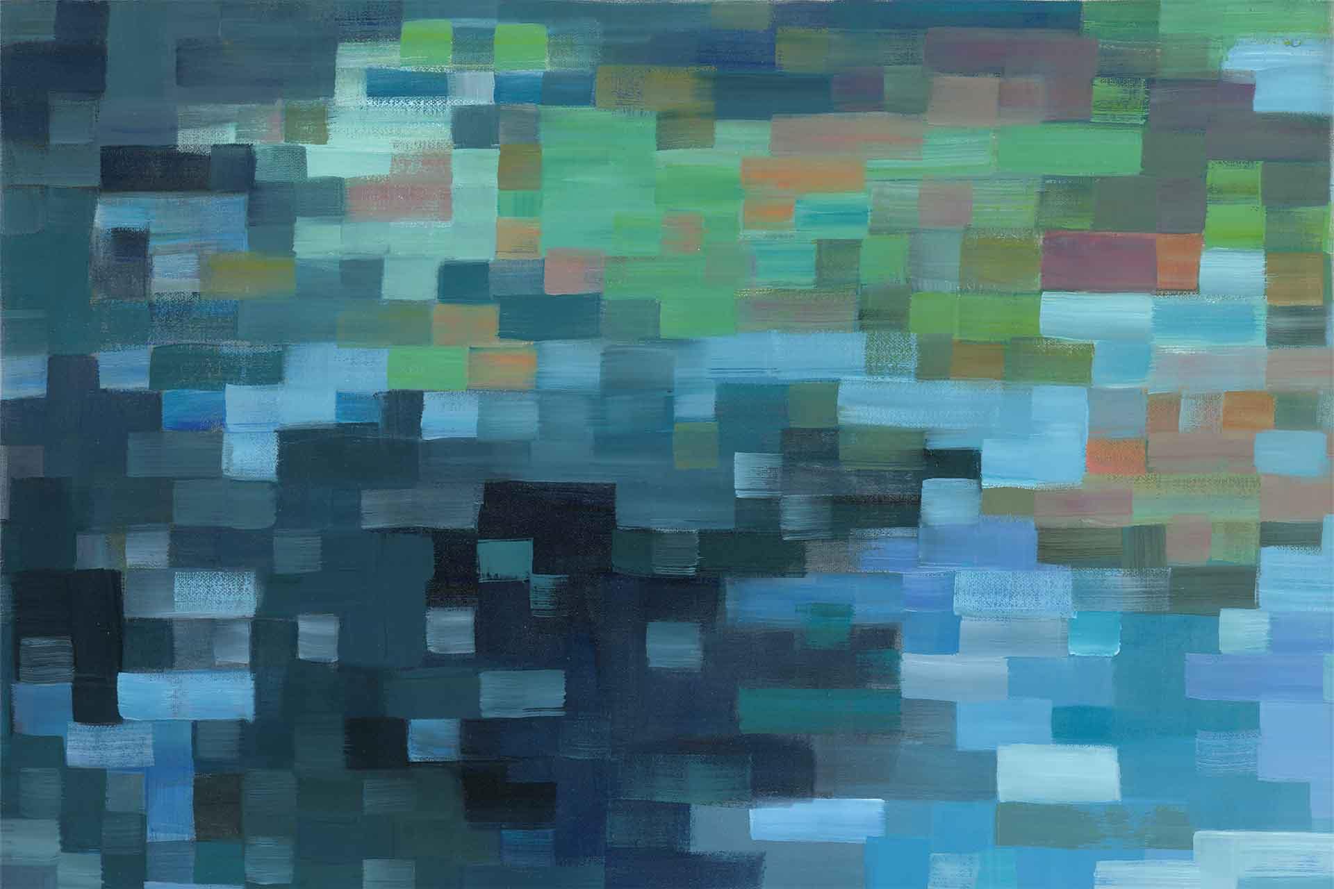 Wallpaper with a grid of rectangular blocks in blue, green, and orange shades; pixelated mosaic effect; mix of light and dark tones.