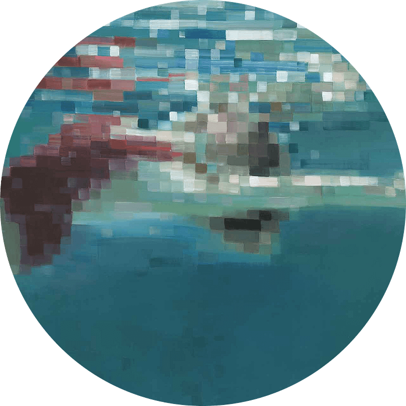 Circular pixelated wallpaper with abstract shades of blue, red, and green. Features blurred shapes that give an underwater vibe, making it suitable as a colorful aquatic-themed background.